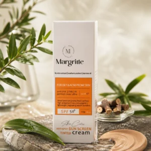 کرم ضد آفتاب روشن کننده بژ طبیعی مناسب پوست های چرب و مستعد آکنه SPF50 مارگریت 50 میلی لیتر